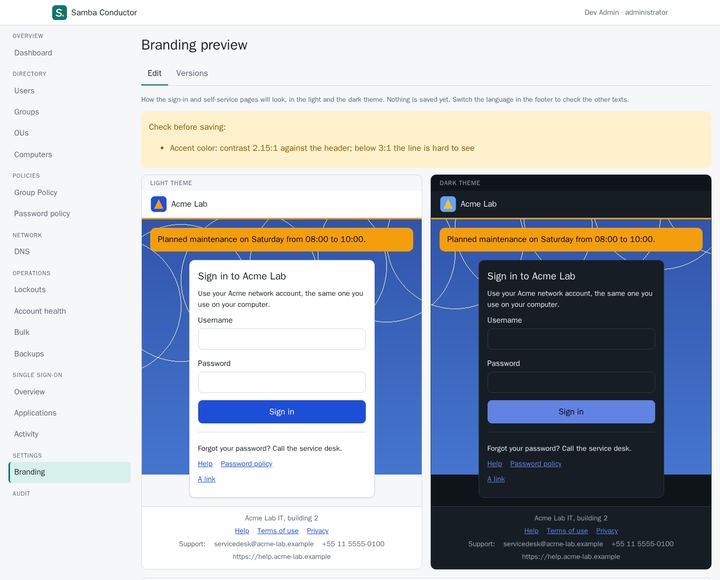 Branding preview with the sign-in page of a made-up company in the light and dark theme, and a warning about low contrast.