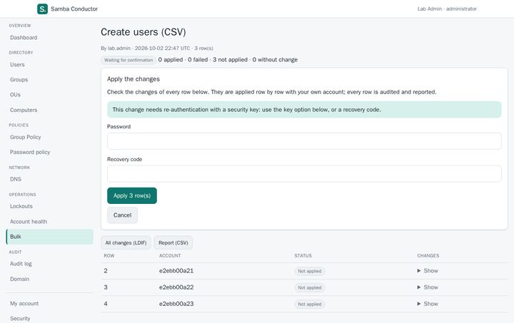 Create users from CSV page waiting for confirmation, asking for the password and a recovery code, with three rows not applied yet.