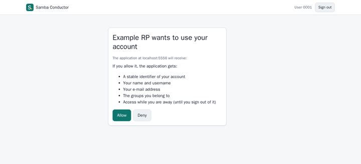 Consent page: Example RP wants to use your account, listing what the application gets, with Allow and Deny buttons.