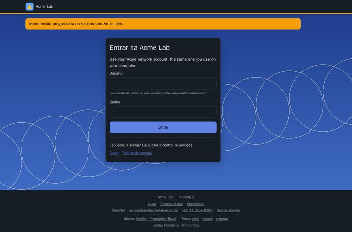 Branded sign-in page in Portuguese with a dark card over a blue background and a maintenance notice.
