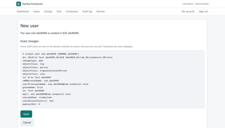 New user preview listing the LDAP changes that will be sent, with the password redacted, and Apply and Cancel buttons.