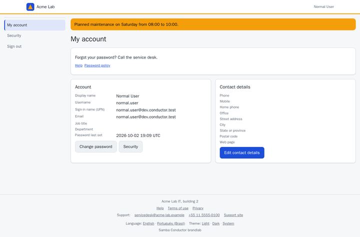 Branded self-service page with a maintenance notice, account details and contact details of a test user.