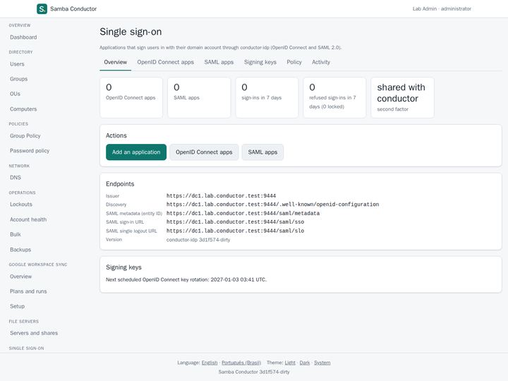Single sign-on overview with counts of applications and sign-ins, actions and the identity provider endpoints of a test domain.