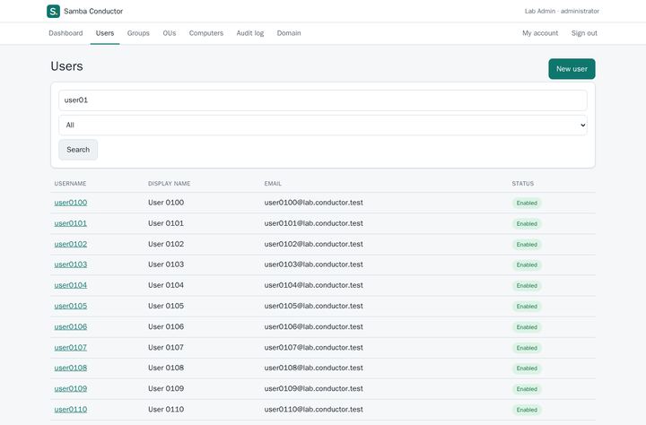 Users page with a search box and a table of test users with their e-mail and status.