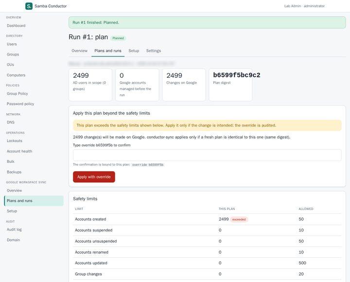A sync plan that exceeds the safety limits: 2499 accounts to create against a limit of 50, with a typed confirmation bound to the plan's digest.